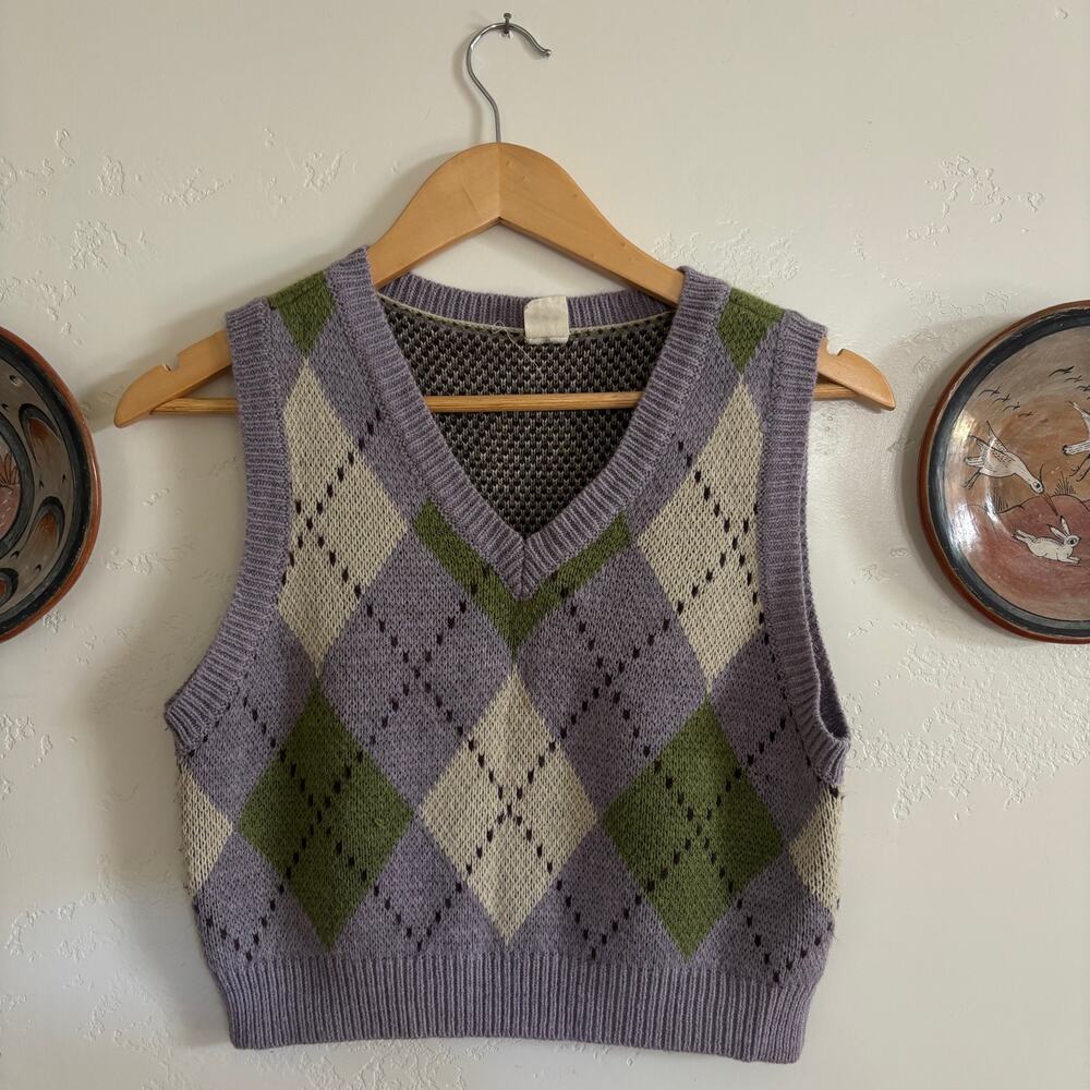 Purple, Green & White Plaid Sweater Vest Urban Outfitters